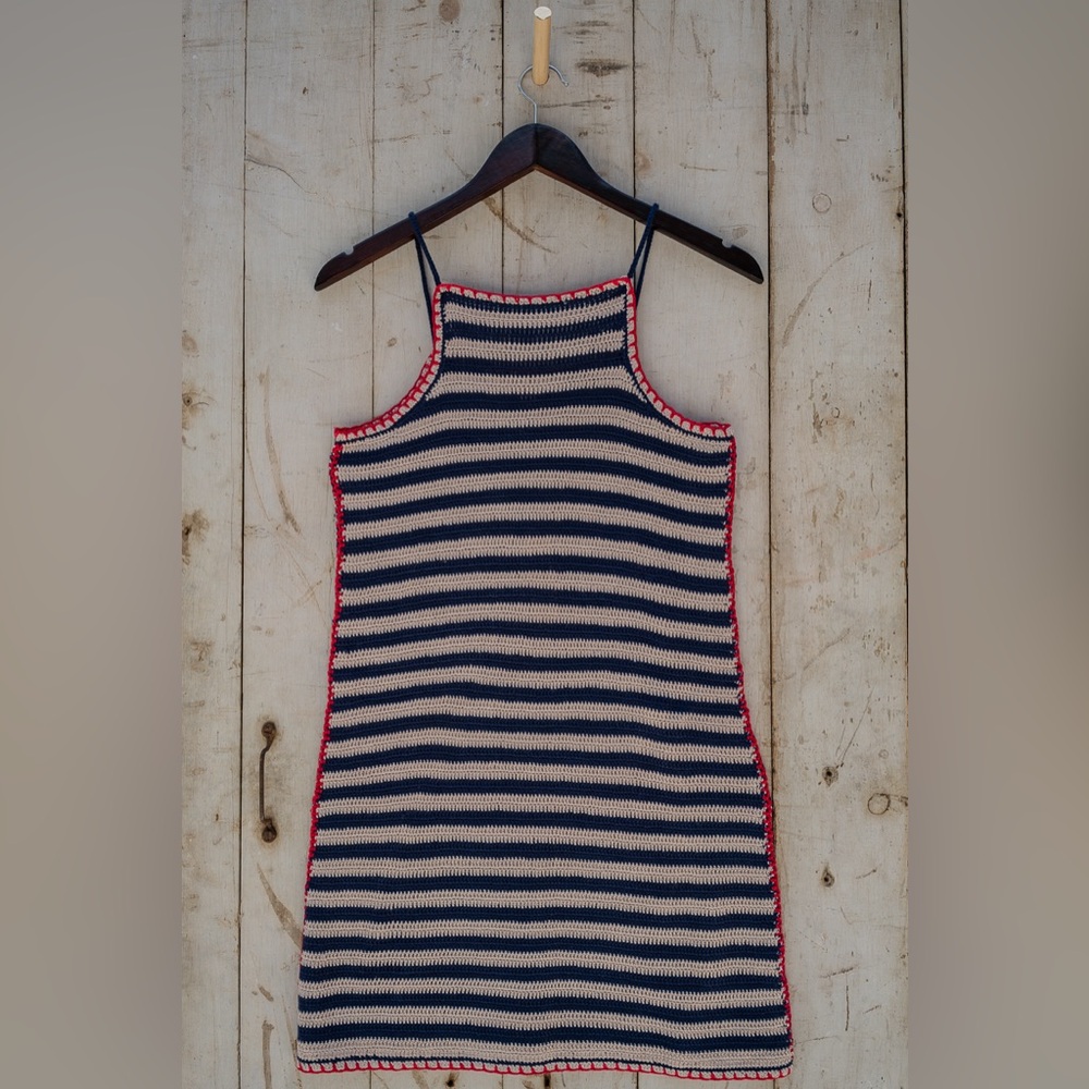 Love Stitch red tan and blue square neck knit dress